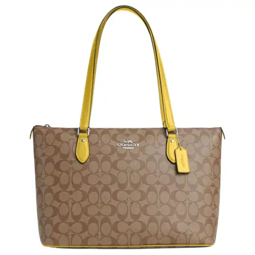 COACH Gallery Canvas With Smooth Leather Shoulder Bag Large Women's Silver & Khaki & Vintage Yellow