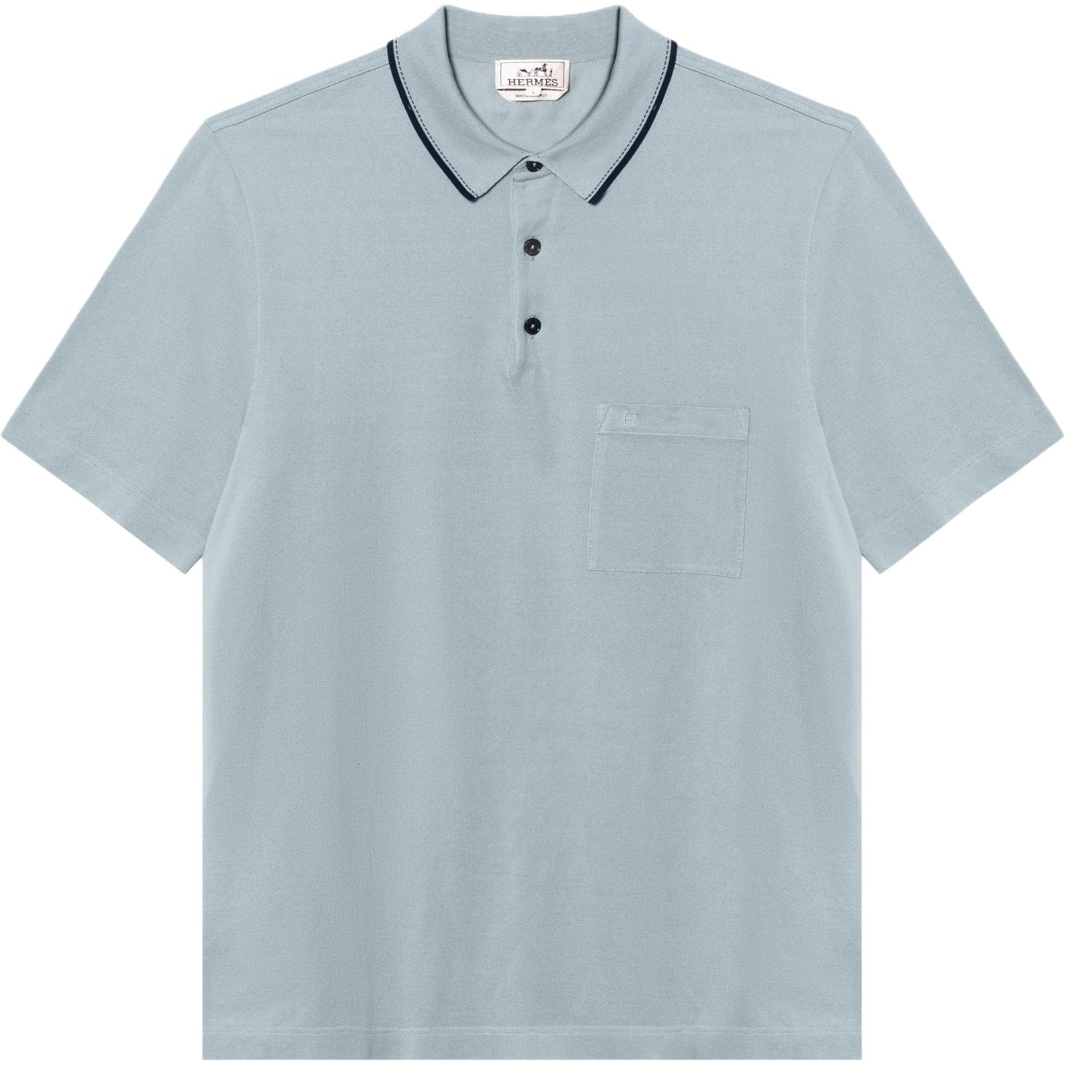 HERMES Polo Shirts Men's Cyan Polo Collar Moderate Straight Fit