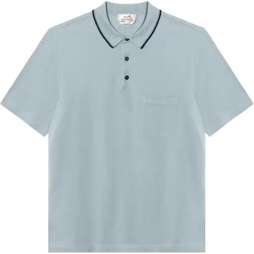 HERMES Polo Shirts Men's Cyan Polo Collar Moderate Straight Fit