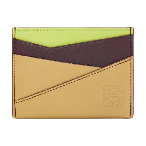 LOEWE Puzzle Cow Leather Card Holder Women's Sahara & Burgundy & Fennel