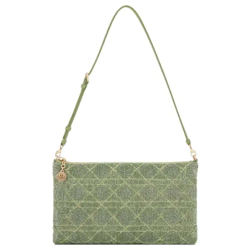 DIOR Bead Ornament Embroidery Cotton Handbag, Shoulder Bag Women's Green