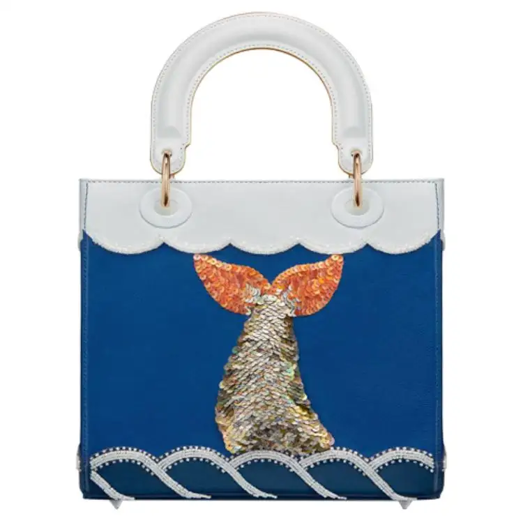 DIOR Lady Dior Cow Leather Handbag Medium Women's Blue, White