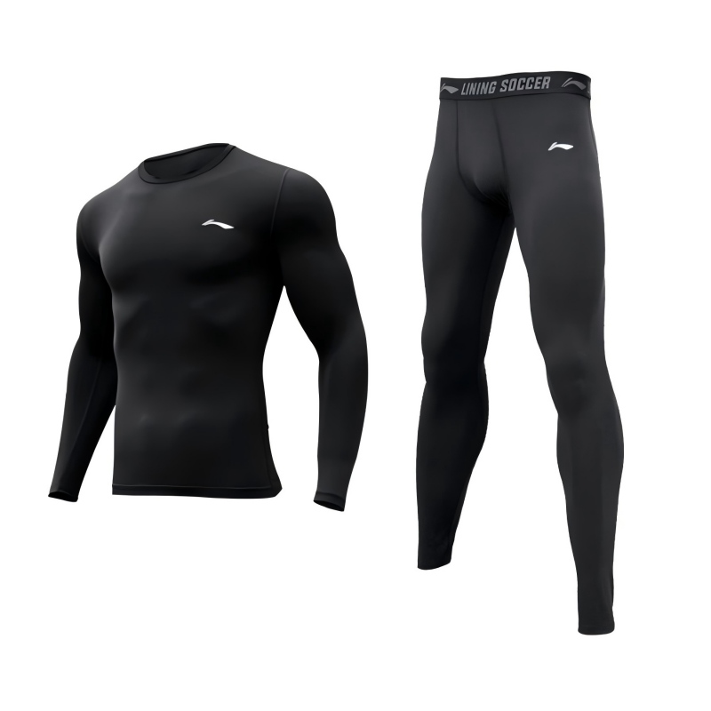 Li Ning, long-sleeve, sports quick dry black set for training for gym, men's style
