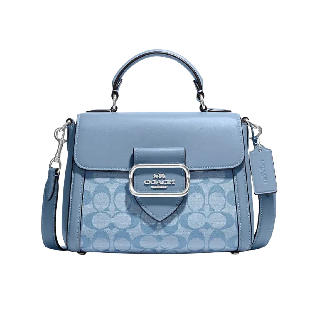 COACH Morgan Chambray Fabric With Cow Leather Handbag, Shoulder Bag, Crossbody Bag Small Women's Light Blue
