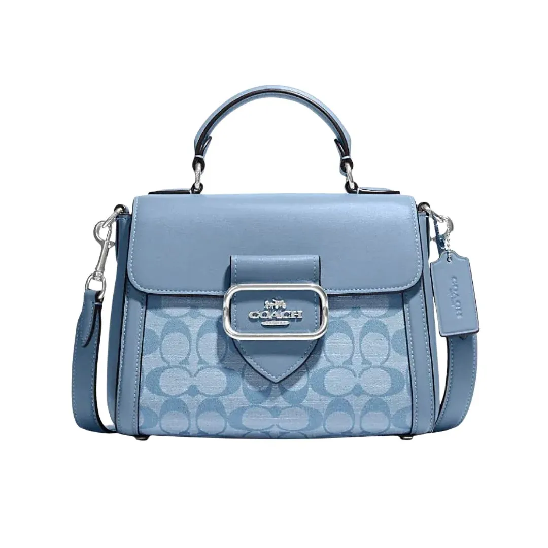 COACH Morgan Chambray Fabric With Cow Leather Handbag, Shoulder Bag, Crossbody Bag Small Women's Light Blue