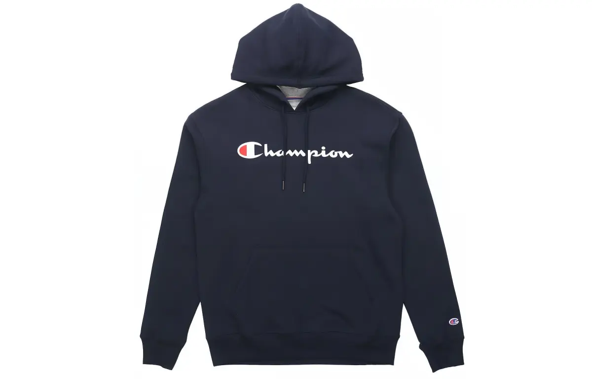 Champion Script Print Letter Fleece Lined Pullover Sweatshirt US Version Unisex Navy Blue