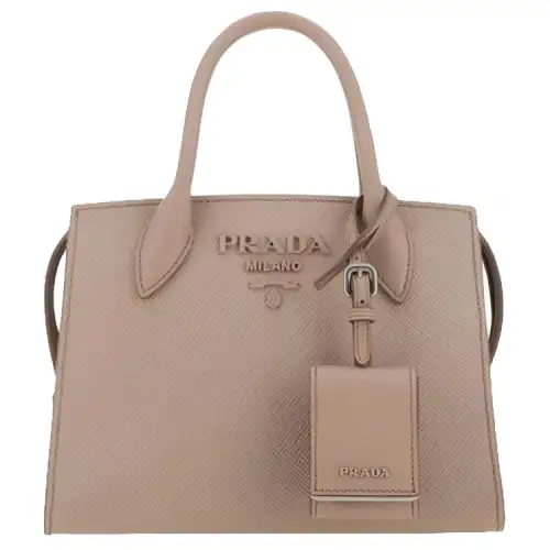 PRADA Saffiano Zip Closure Leather Handbag Small Women's Light Brown