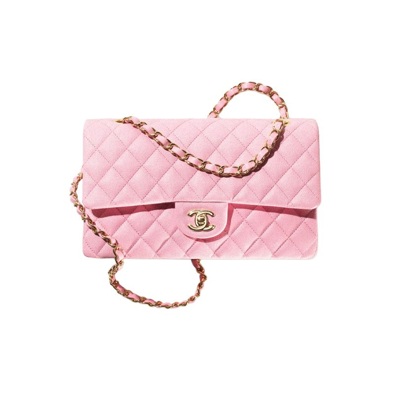 CHANEL 22SS Spring Summer Classic Flap CF Grain Embossed Shiny Calfskin Crossbody Bags Women's Pink
