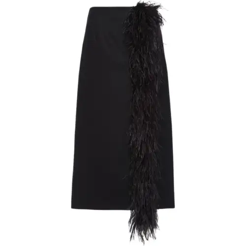 feather-trimmed wool midi skirt