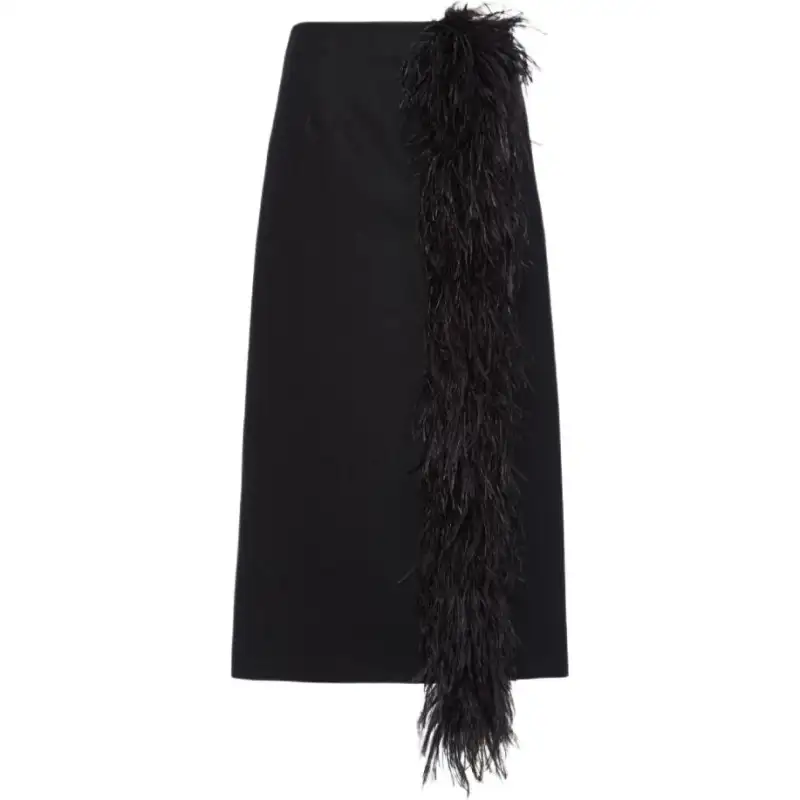 feather-trimmed wool midi skirt