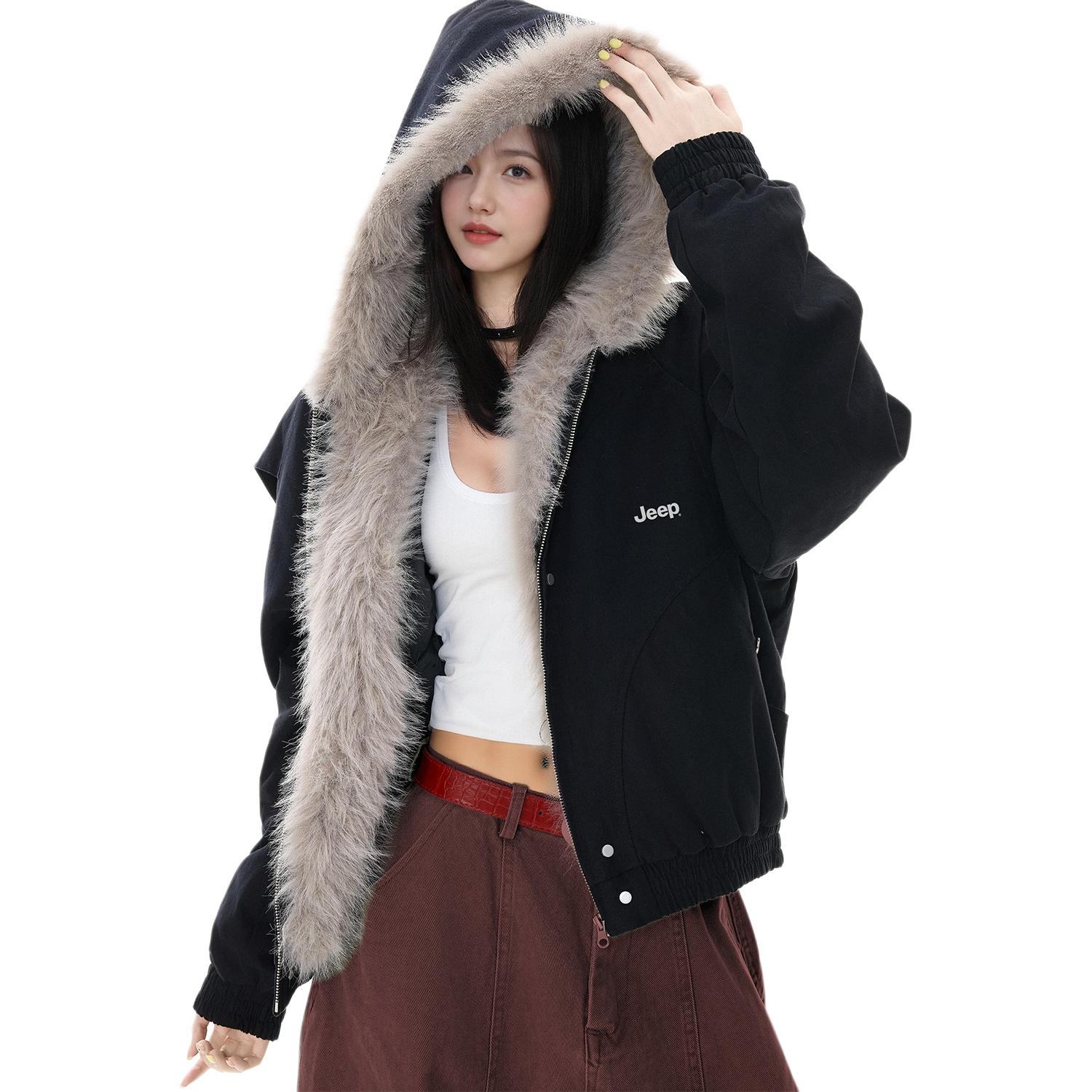 Jeep Classic jeep, keep warm comfortable solid long-sleeve for leisure with hood, down jacket for men and women, American style, fox, raccoon, increased thickness, high-quality style, travel version