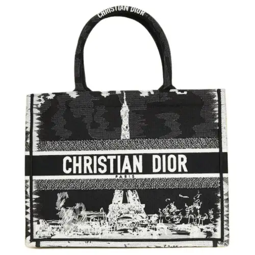 DIOR Patterned Print Embroidery Tote Bag, Shopping Bag, Handbag Medium Women's Black & White