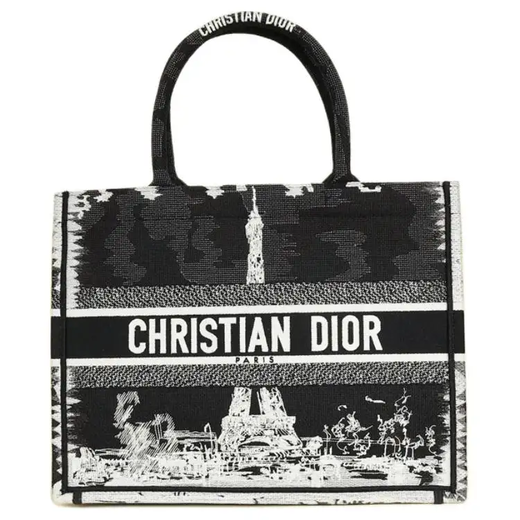 DIOR Patterned Print Embroidery Tote Bag, Shopping Bag, Handbag Medium Women's Black & White