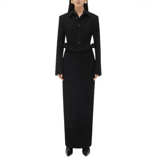Bottega Veneta Compact Viscose Long Skirt With Padded Hip Construction Long Sleeved Dress Women's Black