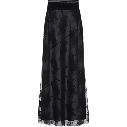 Miu Miu logo-waistband floral-lace midi skirt