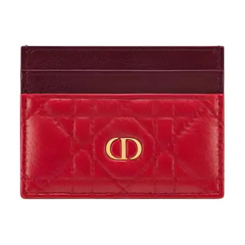 DIOR Caro Calfskin Card Holder Women's Burgundy