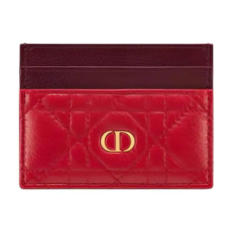 DIOR Caro Calfskin Card Holder Women's Burgundy