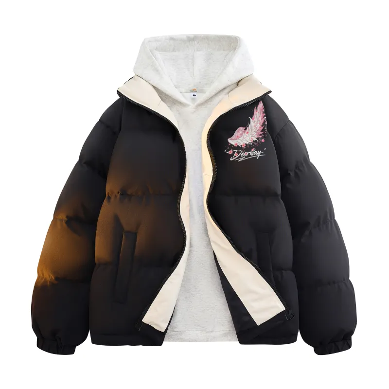 DEERWAY Delhui New National Standard 90% White Duck Down Campus College Style Dopamine Hand-painted Graffiti Feather Wings Print Design Puff Comfortable Stand-up Collar Windproof and Cold Warm Contrast Color Splicing Down Jacket Same Style for Men and Women