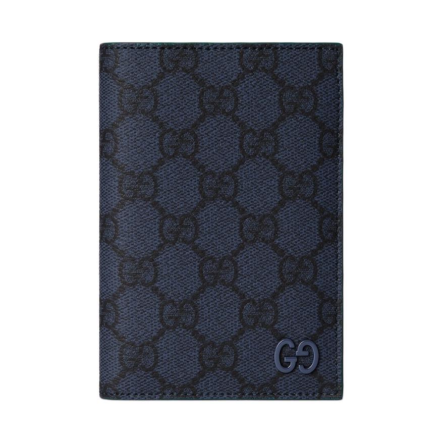 GUCCI Gucci GG Supreme Palladium Tone Accessories Blue Ceramic Finish Leather Passport Case Men's Dark Blue