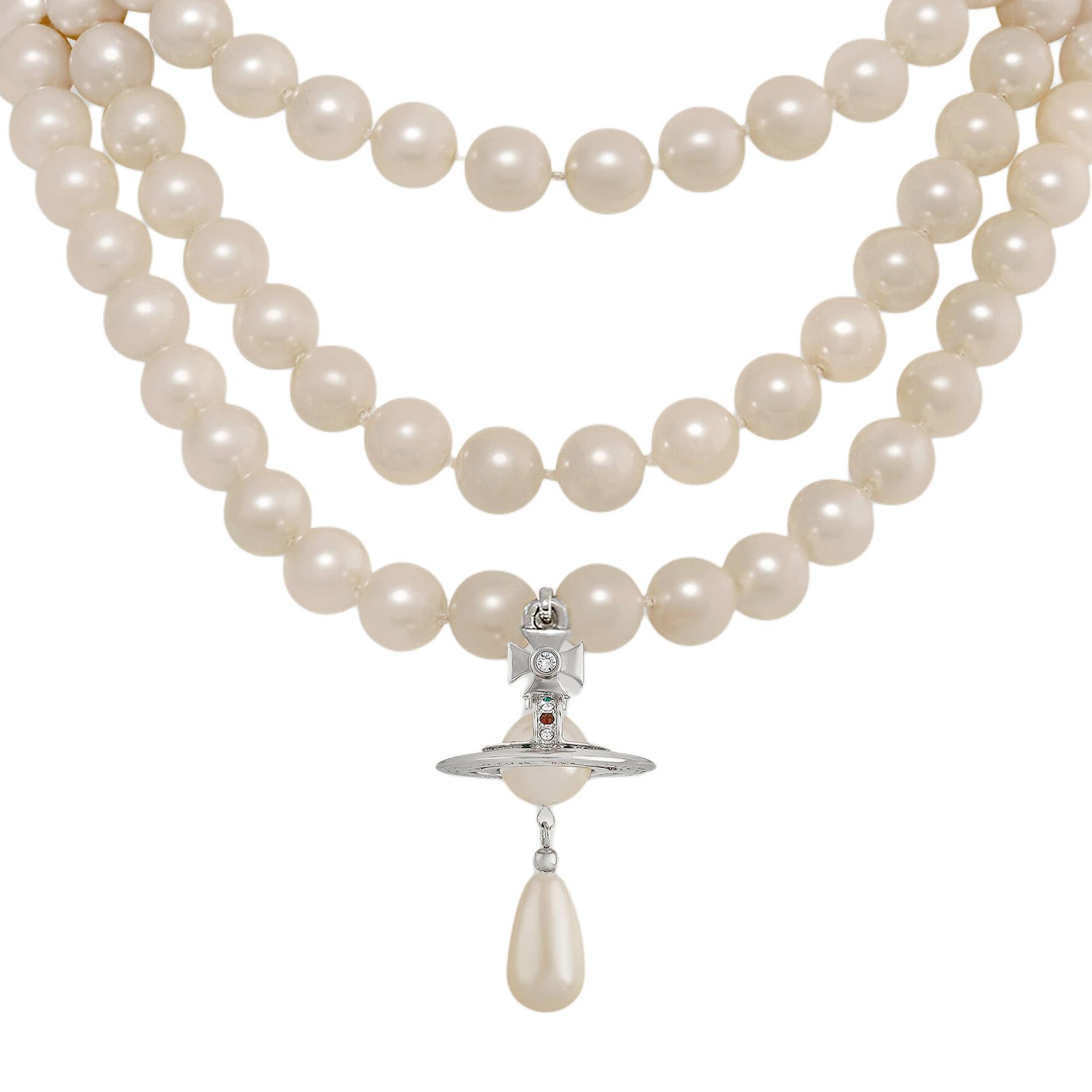 Vivienne Westwood THREE ROW PEARL DROP CHOKER Three-layer Pearl Saturn Pendant Brass Necklace Women's