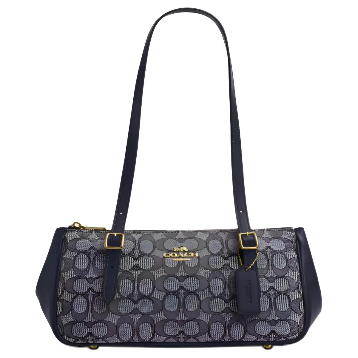 COACH Iconic Jacquard With Smooth Leather Shoulder Bag Large Women's Blue & Gray