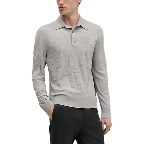 HERMES Polo Shirts Men's Gray Polo Collar Moderate Straight Fit