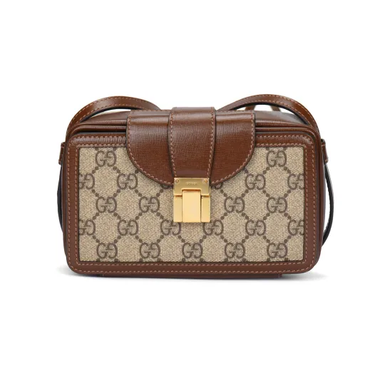 GUCCI Canvas With Leather Small Square Bag, Box Bag, Mobile Phone Bag, Crossbody Bag, Shoulder Bag Unisex Ebony & Brown