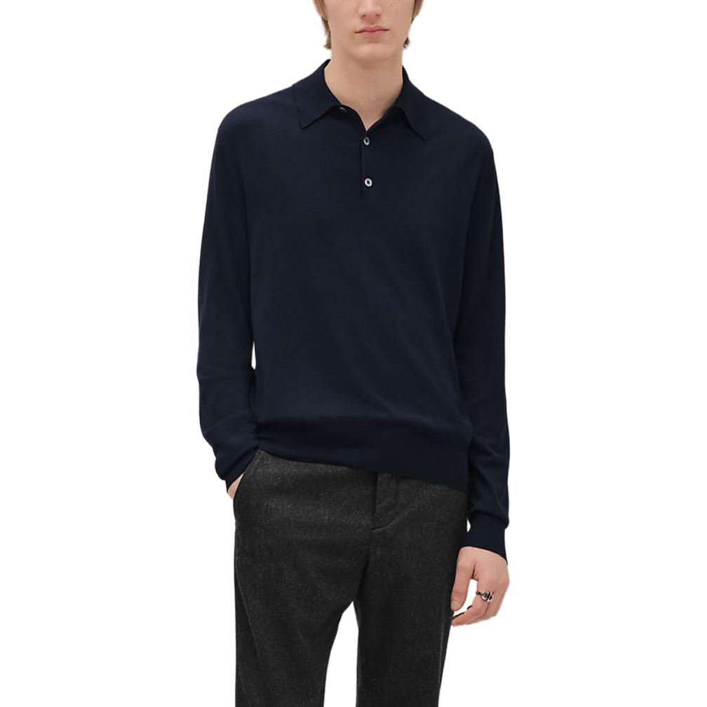 HERMES Polo Shirts Men's Ocean Blue Stand Collar Moderate Straight Fit