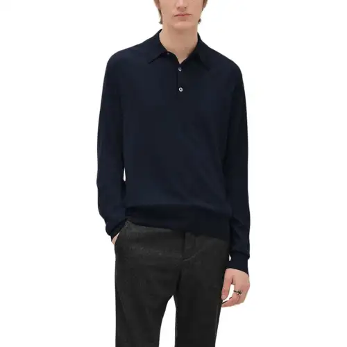HERMES Polo Shirts Men's Ocean Blue Stand Collar Moderate Straight Fit