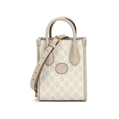 GUCCI Canvas With Leather Tote Bag, Shopping Bag, Shoulder Bag, Crossbody Bag, Handbag Mini Unisex White & Beige