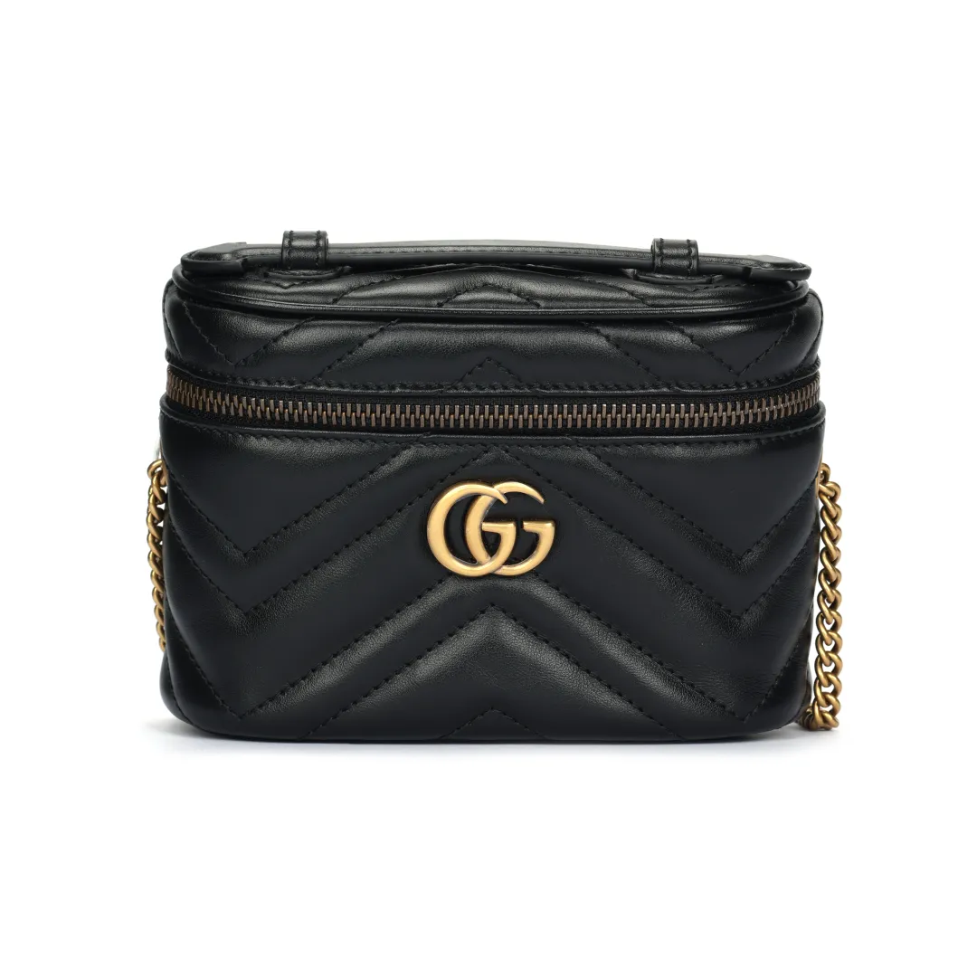GUCCI Marmont Leather Flat Box Bag, Handbag, Shoulder Bag, Crossbody Bag Mini Women's Black