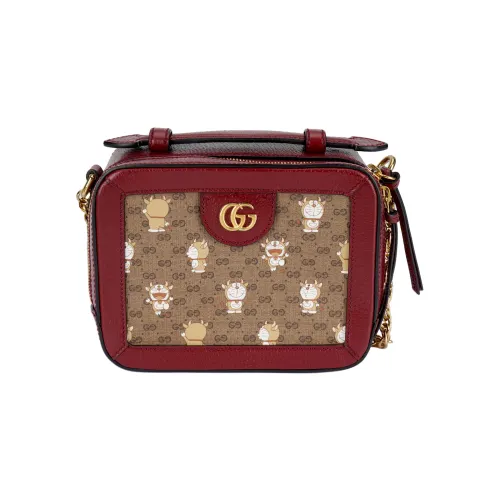 GUCCI Doraemon Collaboration Canvas With Leather Box Bag, Handbag, Shoulder Bag, Crossbody Bag Mini Women's Brown & Red