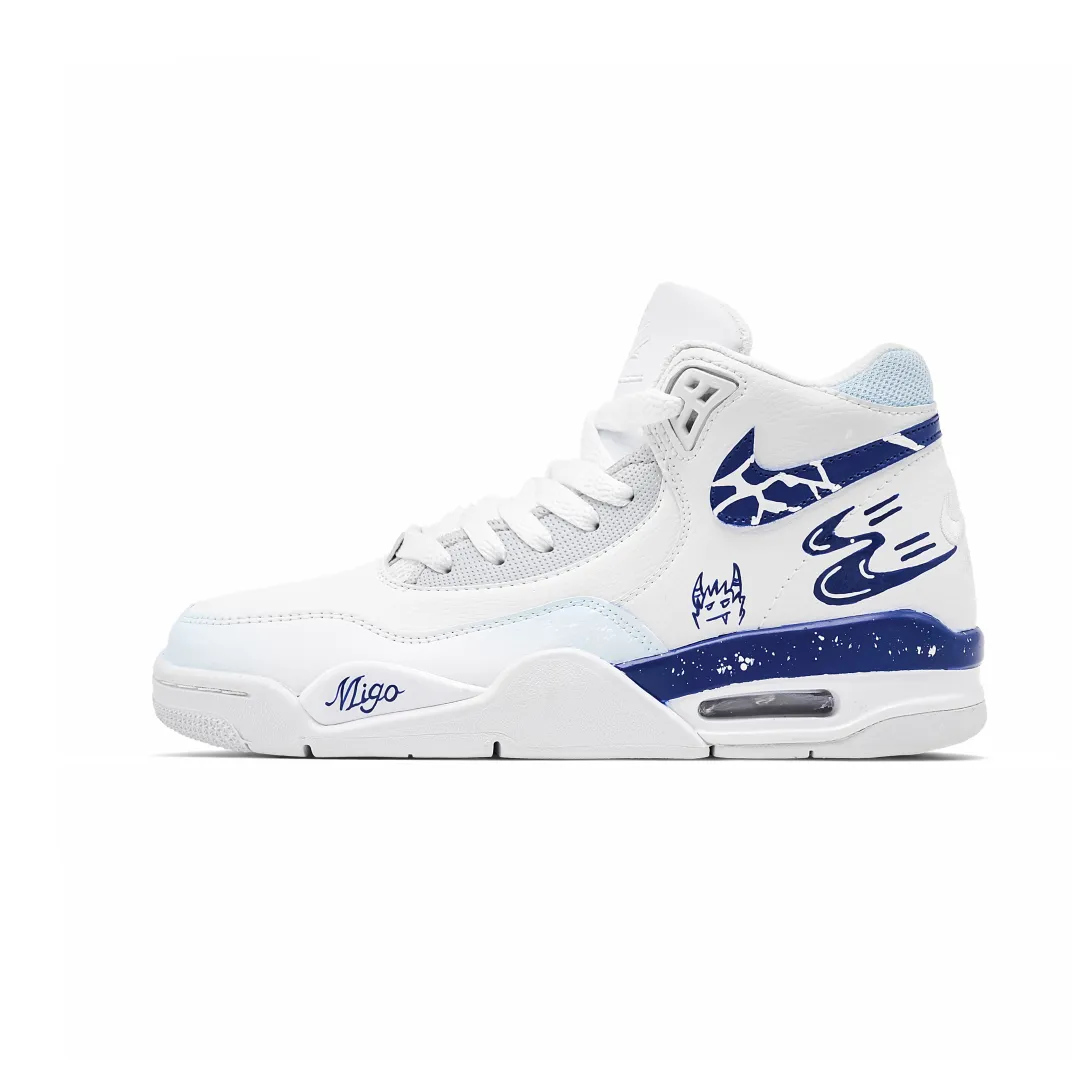 Nike Flight Legacy Alien Visitors Leather Abrasion Resistant Mid top Vintage Basketball Shoes Men's White Blue