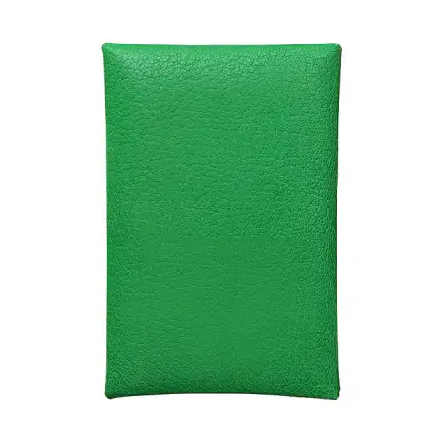 HERMES Calvi Solid Color Sheepskin Card Holder Women's Bamboo Green