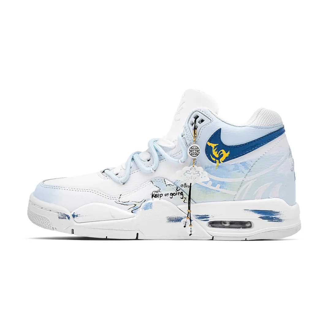 Nike Flight Legacy Earth Blue Leather Abrasion Resistant Mid top Vintage Basketball Shoes Men's White Blue