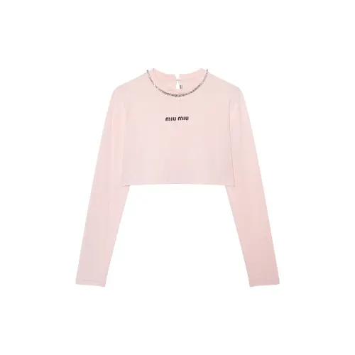 MIU MIU Miu Miu Crystal Decorated Letters Solid Color Cotton Long Sleeve T-Shirt Women's Snow Pink