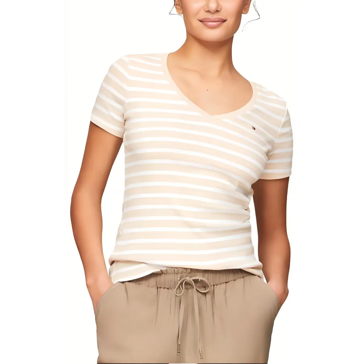 Tommy Hilfiger T Shirt Women's Khaki & White Stripes