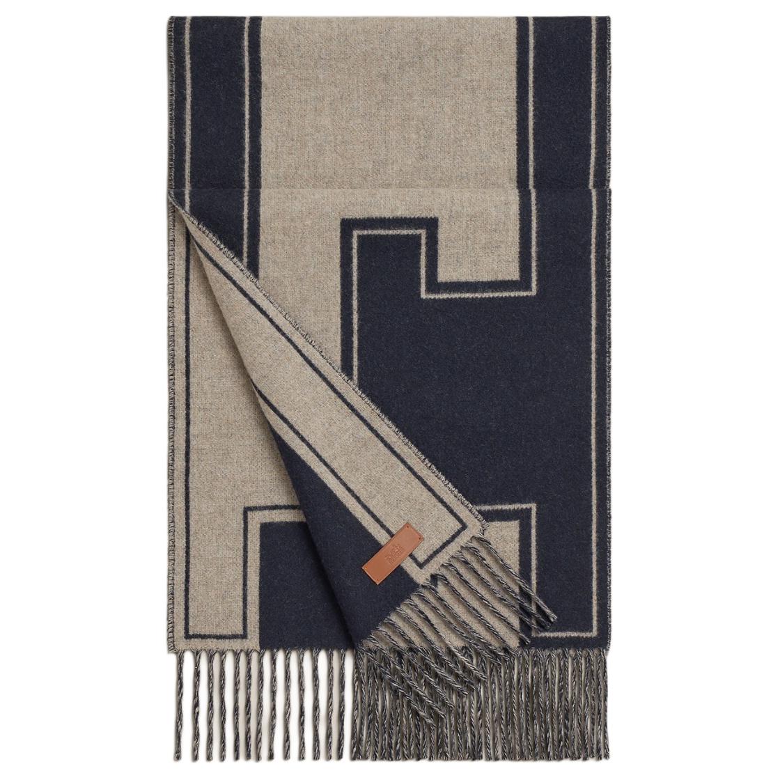 HERMES Hermès Casaque Clefs de H Printed Design Cashmere Wool Scarf Women's Navy/Beige