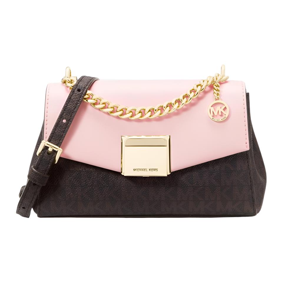 MICHAEL KORS Lita Canvas Flap Bag, Shoulder Bag, Crossbody Bag Women's Dark Brown & Pink