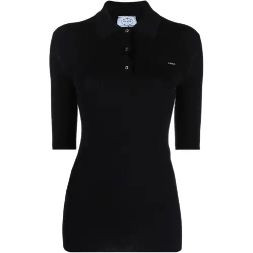 PRADA Polo Shirts Women's Black Square Collar Straight Fit