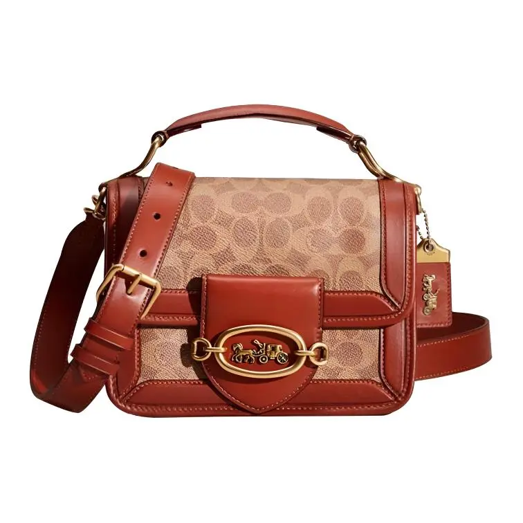 COACH Hero Artificial Leather With Leather Handbags Small Women's Brown Red Monogram Color