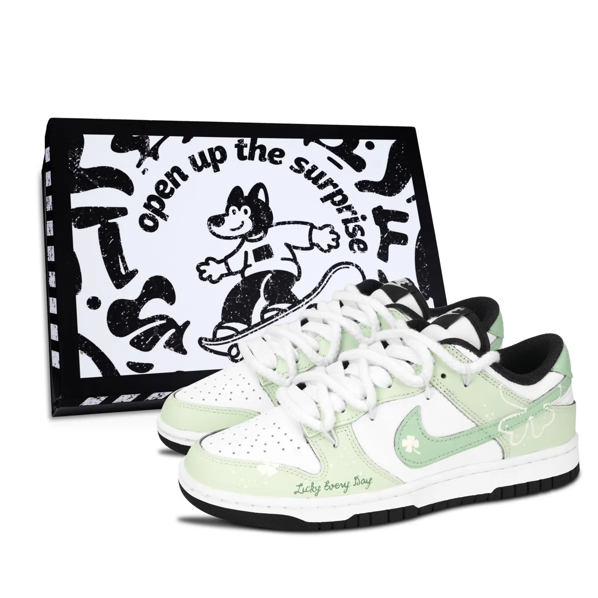 Nike Dunk Black White, Green Road Lucky Abrasion Resistant Abrasion Resistant Low top Skateboard Shoes Unisex Green