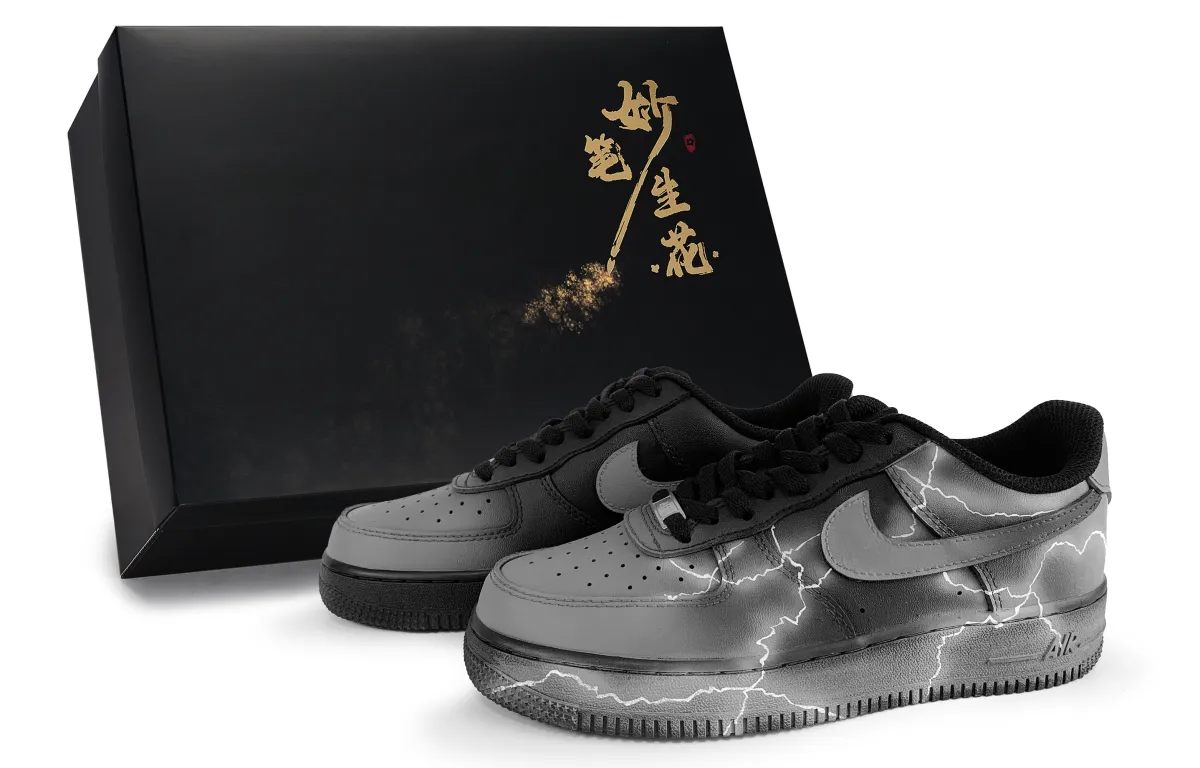 Nike Air Force 1 Wondrous Brush Blossoms, Thunder Realm Abrasion Resistant Low top Skateboard Shoes Unisex Black Gray