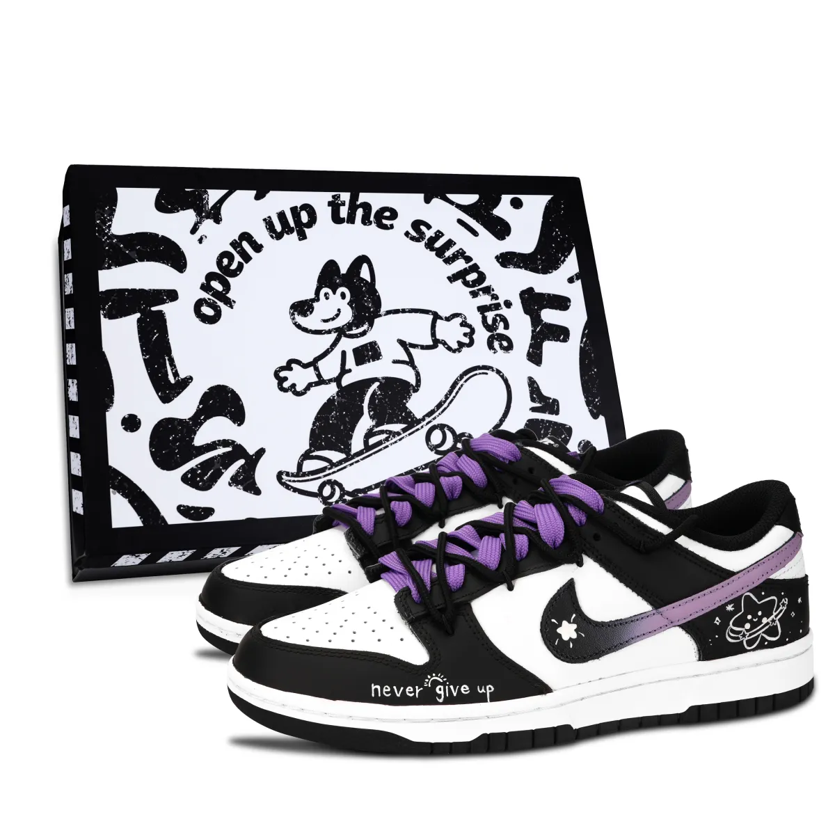 Nike Dunk Black White, Star Never Gives Up Abrasion Resistant Low top Skateboard Shoes Unisex Purple
