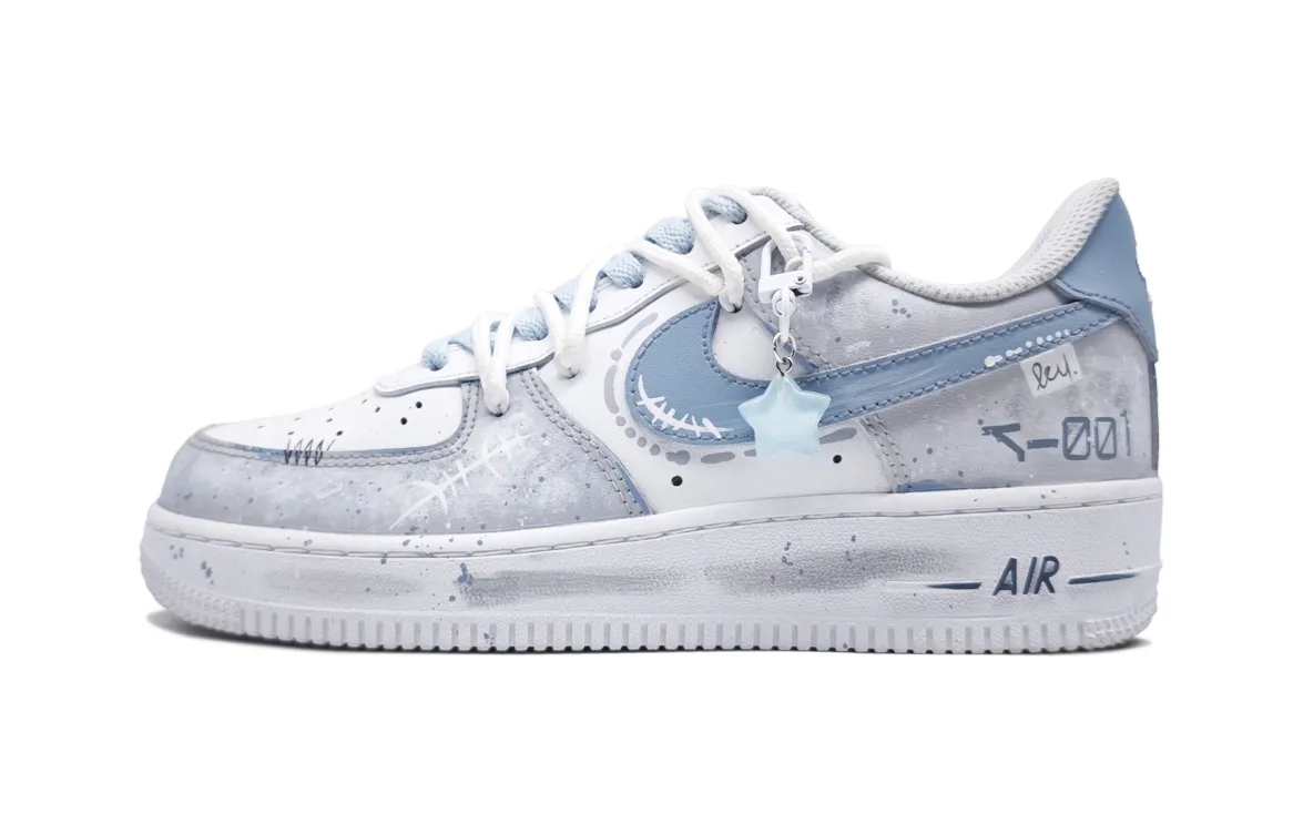 Nike Air Force 1 Blue Star Flower Blue Slip Resistant Abrasion Resistant Low top Skateboard Shoes Unisex White Gray