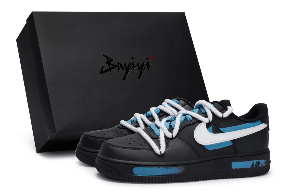 Nike Air Force 1 Low top Skateboard Shoes Unisex Black White Lake Blue