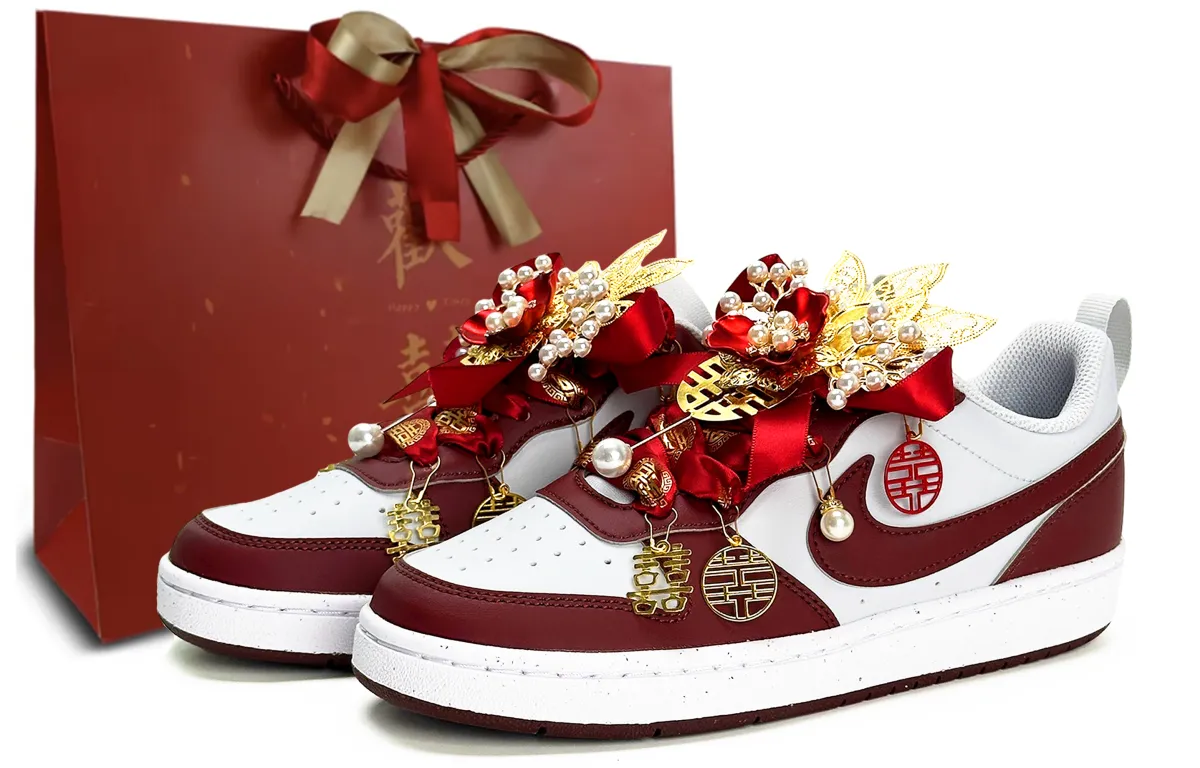 Nike Court Borough GS Wedding Shoes, Chinese Style Abrasion-Resistant Low-top Skateboard Shoes Women's Red White