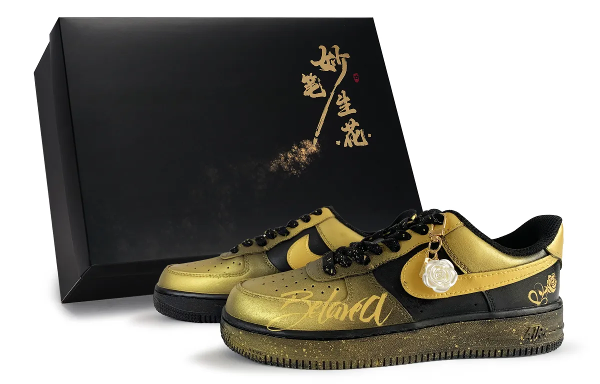 Nike Air Force 1 Exquisite Brushstrokes, Rose Vow Low top Skateboard Shoes Unisex Black Gold