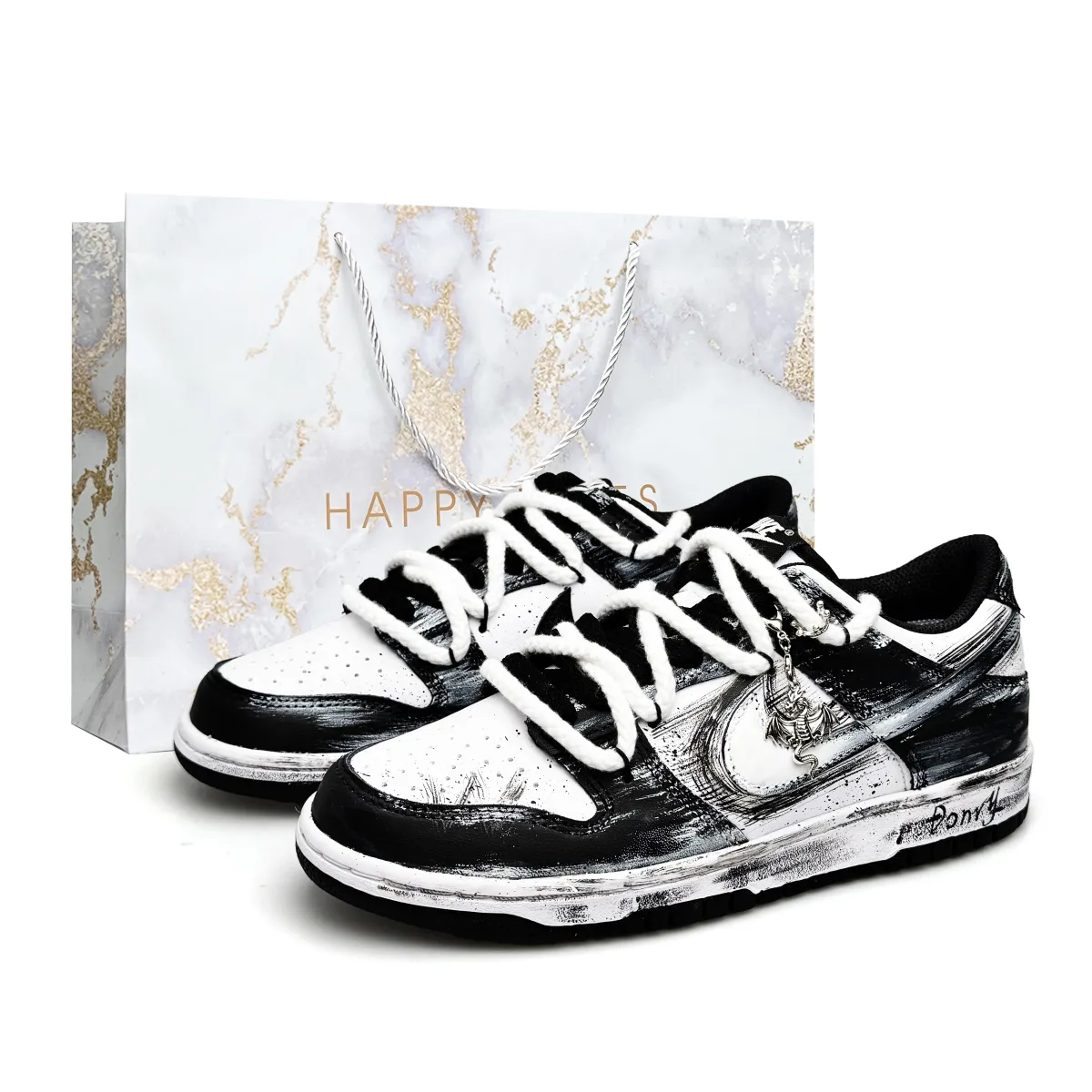 Nike Dunk Special Spring Summer Shopping Bag Leather Low top Skateboard Shoes Unisex Black White Gray