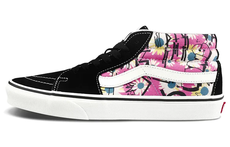 Vans Sk8 Mid Retro High Top Casual Skate Shoes Unisex Flowers Graffiti 'Black Pink White'